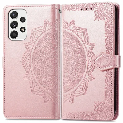PU Leather Mandala Embossed Shockproof Cover for Samsung Galaxy A53 5G, Stand Flip Premium Wallet Phone Case with Strap - Rose Gold