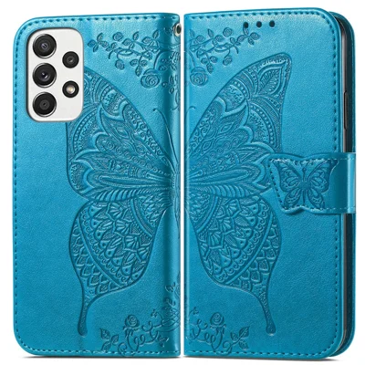 For Samsung Galaxy A53 5G Imprinted Butterfly Flower Pattern Leather Case Full-Body Protective Stand Wallet Phone Cover with Strap - Blue