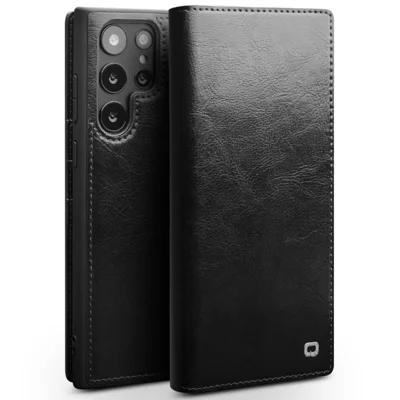 QIALINO for Samsung Galaxy S22 Ultra 5G Folio Flip Wallet Stand Design Shockproof Genuine Leather Cell Phone Case - Black