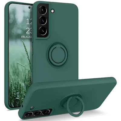 For Samsung Galaxy S22+ 5G Finger Ring Kickstand Design Built-in Metal Sheet Liquid Silicone Cell Phone Case Shell - Blackish Green