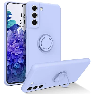 For Samsung Galaxy S21 FE 5G Built-in Metal Sheet Finger Ring Kickstand Design Liquid Silicone Phone Case Protector - Purple