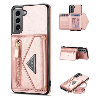 N.BEKUS for Samsung Galaxy S21 FE 5G / S21 Fan Edition Kickstand Card Slots Case, PU Leather Coated TPU Durable Cover with Strap - Pink