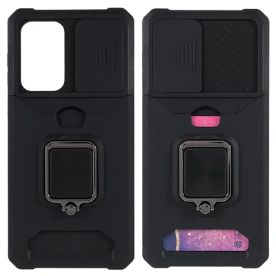 For Samsung Galaxy A33 5G Camera Slider PC + TPU Phone Case Shockproof Card Slot + Kickstand Design Mobile Phone Cover - Black