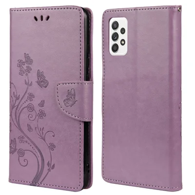 For Samsung Galaxy A23 5G Well-protected Imprint Butterflies Stylish Leather Phone Case Wallet Stand Phone Shell - Light Purple