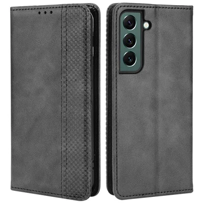 For Samsung Galaxy S22 5G Vintage PU Leather Flip Case Magnetic Auto Closing  Stand Wallet Imprinted Mosaic Stylish Cover - Black