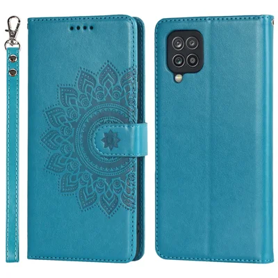 For Samsung Galaxy A12 R61 Texture Felled Seam PU Leather + TPU Stand Phone Case Pattern Imprinted Wallet Cover - Blue