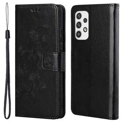 Funda de cuero PU con billetera e impresión de mariposa y flor para Samsung Galaxy A23 5G (versión global), con soporte, color negro