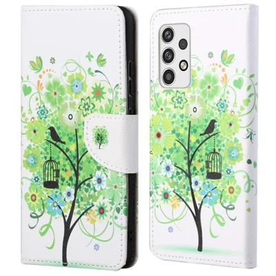Funda de cuero con estampado de árbol verde para Samsung Galaxy A23 5G (versión global), carcasa protectora con textura cruzada, soporte y billetera - Verde árbol
