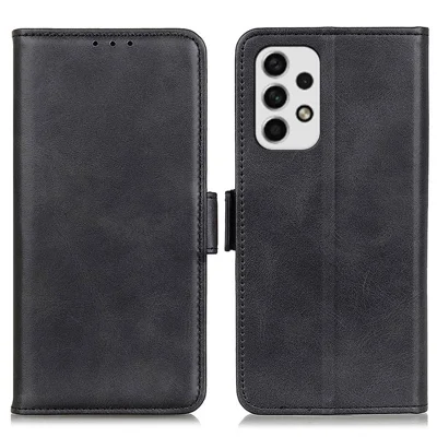 For Samsung Galaxy A23 5G Textured PU Leather Cover Wallet Stand Inner TPU Shell Phone Case - Black