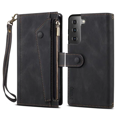 ESEBLE For Samsung Galaxy S21 FE 5G Phone Cover Zipper Pocket Adjustable Stand Wallet Multi-functional Cell Phone Case - Black