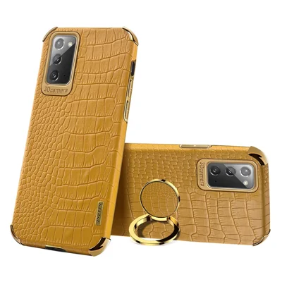 For Samsung Galaxy Note20 5G/4G 6D Electroplated Crocodile Texture Kickstand Phone Case PU Leather Coated TPU Shell - Yellow