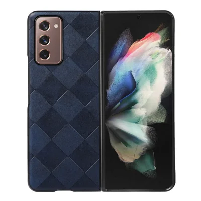 For Samsung Galaxy Z Fold2 5G PC+TPU Hybrid Phone Case Coated with Grid Texture PU Leather Phone Accessory - Blue
