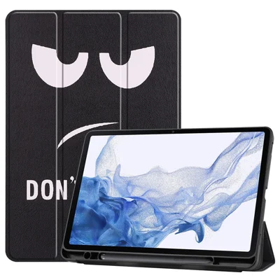 Pattern Printing Tablet Case for Samsung Galaxy Tab S8, PU Leather Tri-fold Stand Cover with Pencil Holder - Don't Touch Me