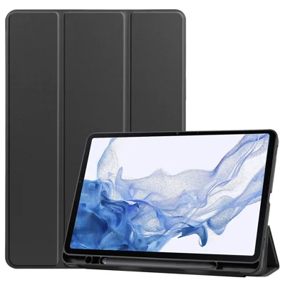 For Samsung Galaxy Tab S8 TPU+PU Leather Trifold Stand Auto Sleep/Wake Function Tablet Protective Cover with Pencil Holder - Black