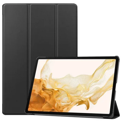 For Samsung Galaxy Tab S8+ PU Leather Trifold Stand Cover with Pencil Holder and Auto Sleep/Wake, Pencil Charging Supported - Black