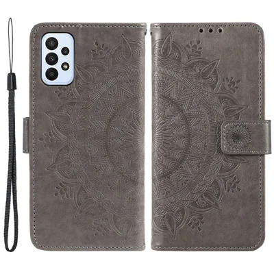 Funda tipo libro de cuero PU con billetera para Samsung Galaxy A23 4G / 5G (versión global), con estampado de flor mandala, función de soporte, funda protectora completa con correa - Gris
