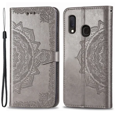 Per Samsung Galaxy A20e Custodia per telefono Mandala Embossment Design Custodia per telefono Guscio Borsa Funzione Supporto Flip Pratico Portafoglio in Pelle PU - Grigio