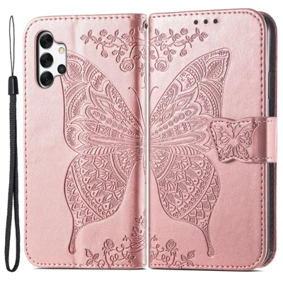 For Samsung Galaxy A13 4G / A13 5G / A04s 4G (164.7mm) Stand PU Leather Case Imprint Butterfly Flower Wallet Cover with Strap - Rose Gold
