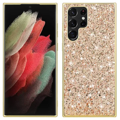 For Samsung Galaxy S22 Ultra 5G Bling Sparkly Glitter Phone Case Electroplating TPU Frame + Hard PC Back Anti-Scratch Protective Phone Cover - Gold