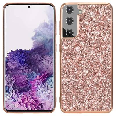 For Samsung Galaxy S21 FE 5G / Galaxy S21 Fan Edition Electroplating TPU Bumper + Hard PC Back Glitter Cover Shockproof Fashion Protective Case - Rose Gold