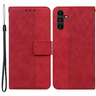 For Samsung Galaxy A13 5G / A04s 4G (164.7mm) Geometry Imprinting PU Leather + TPU Phone Case Wallet Stand Cover with Hand Strap - Red