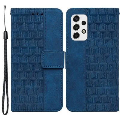 For Samsung Galaxy A33 5G Imprinting Geometry Leather Case Shockproof Wallet Stand Phone Shell with Hand Strap - Blue