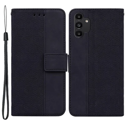For Samsung Galaxy A13 4G Stylish Geometry Imprinted Wallet Case Hands-free Stand PU Leather Folio Flip Phone Cover - Black