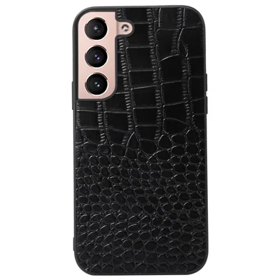 For Samsung Galaxy S22 5G Crocodile Texture Mobile Phone Case Genuine Cowhide Leather Coating Hybrid PC + TPU Protective Cover - Black