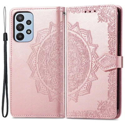 Mandala Embossed Phone Case for Samsung Galaxy A23 4G / 5G (Global Version) Anti-fall Stand Phone Cover Shell with Wallet - Rose Gold