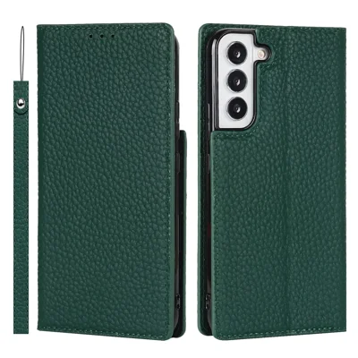 For Samsung Galaxy S22 5G Litchi Texture Genuine Leather Phone Case Wallet Stand Protective Cover with Wrist Strap - Green
