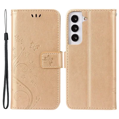 For Samsung Galaxy S22 5G Adjustable Stand Design PU Leather Phone Case Imprint Butterflies Wallet Magnetic Shell - Gold