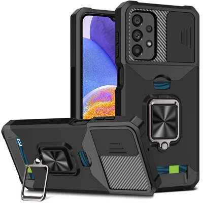 Funda de teléfono con diseño de cámara deslizante de PC + TPU para Samsung Galaxy A23 4G / 5G (versión global), bien protegida, resistente a caídas, con ranura para tarjetas y soporte metálico plegable - Negro