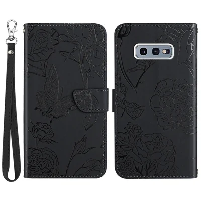Для Samsung Galaxy S10e, PU кожа, бабочка, цветочный рисунок, подставка, откидывающаяся крышка, тактильные ощущения, магнитная обложка с ручкой - черная