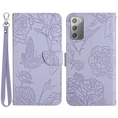 Para Samsung Galaxy Note20 / Note20 5G Butterfly Flower Imprinted Skin-Touch Sentindo Caso Carteira PU Couro Magnético Proteger Flip Stand Capa Com Cinta De Mão - Luz Roxa
