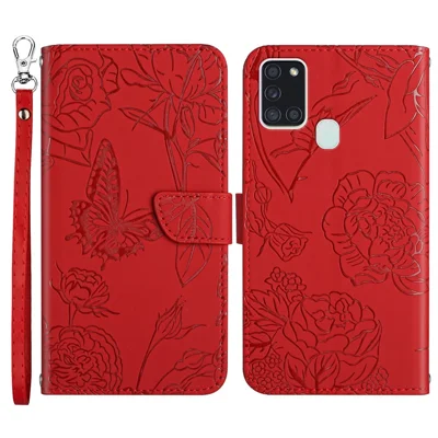 Anti-drop Wallet Phone Case for Samsung Galaxy A21s (EU Version) Shockproof Soft Touch PU Leather Folio Flip Cover Butterflies Imprinted Anti-fingerprint Stand Cover with Strap - Red