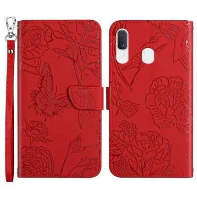 For Samsung Galaxy A20e Skin-touch Feeling Leather Phone Stand Cover Butterfly Flower Pattern Imprinted Flip Wallet Shell with Wrist Strap - Red