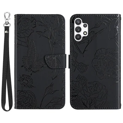 Para Samsung Galaxy A13 4G Impresión de la Billetera de Mariposa Case de Billetera Para la Piel pu Cuero Correa de la Mano Cubierta Protectora a Prueba de Choque - Negro