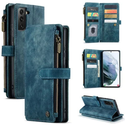 For Samsung Galaxy S21 FE 5G Phone Cases with Strap CASEME C30 Zipper Multiple Card Holder PU Leather Cover - Blue