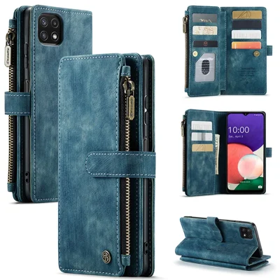 For Samsung Galaxy A22 5G (EU) Phone Cases with Strap CASEME C30 Zipper Multiple Card Holder PU Leather Cover - Blue