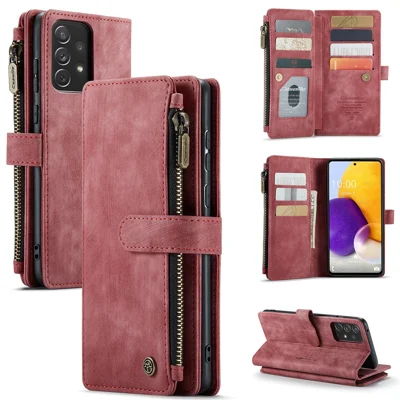 Fundas para Samsung Galaxy A13 4G con correa CASEME C30, funda de cuero PU con cremallera y soporte para múltiples tarjetas - Rojo