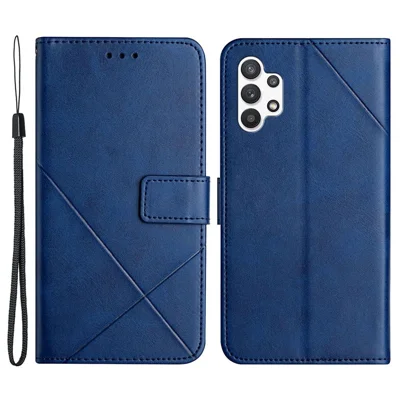 Solid Color Line Imprinting PU Leather Phone Shell for Samsung Galaxy A13 4G, Folio Flip Wallet Foldable Stand Design Phone Case - Blue