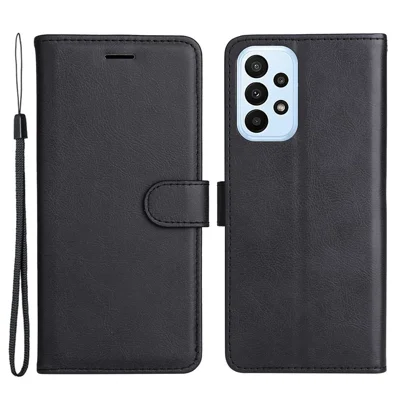 For Samsung Galaxy A23 5G (Global Version) / 4G Case Solid Color Leather Mobile Cover Wallet Stand with Strap - Black