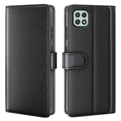 For Samsung Galaxy A22 5G (EU Version) Split Leather Genuine Leather Full Protection Wallet Stand Phone Case - Black