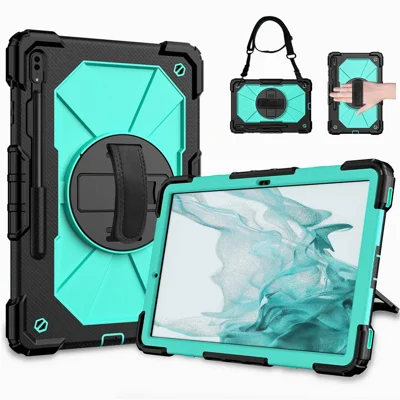 For Samsung Galaxy Tab S8+ Wi-Fi SM-X800/S8+ 5G SM-X806 (2022) PC + Silicone Contrast Color Kickstand Design Tablet Case Cover with Shoulder Strap - Black/Mint Green