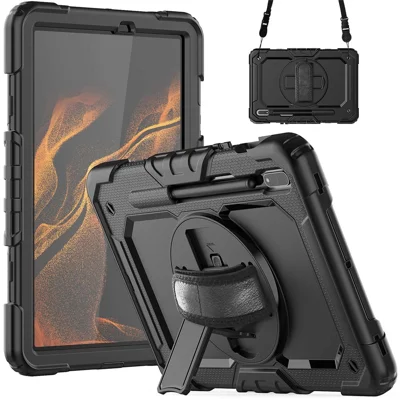 For Samsung Galaxy Tab S8 11-inch (2022) Wi-Fi SM-X700/S8 5G SM-X706 Anti-scratch PC + Silicone + PET Screen Protector Tablet Case Swivel Kickstand Cover with Shoulder Strap - All Black