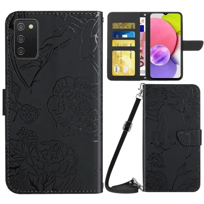 Voor Samsung Galaxy A03s (165,8 mm) (VS) PU-lederen hoes met vlinder- en bloemenprint, standaard, portemonnee en schouderriem - Zwart