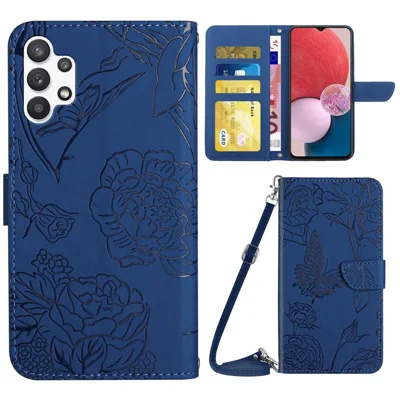Para Samsung Galaxy A13 4G Funda de teléfono inteligente de protección completa, tacto de piel de cuero sintético PU con estampado de mariposa y flor Admitiendo soporte de cartera Cubierta de teléfono con correa para el hombro - Azul
