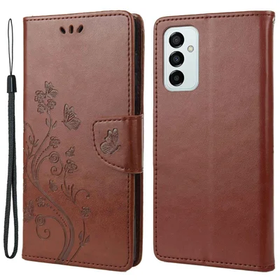 For Samsung Galaxy M23 5G/F23 5G PU Leather Butterfly Flower Imprinted Case Stand Wallet Design Protective Phone Cover - Brown