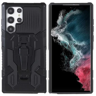 MechWarrior Project for Samsung Galaxy S22 Ultra 5G Hybrid Hard PC Soft TPU Airbag Anti-drop Cell Phone Case with Back Clip Kickstand - Black