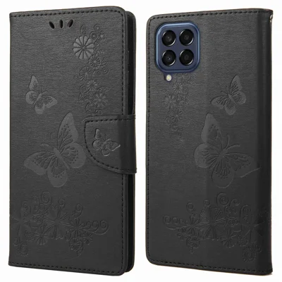 For Samsung Galaxy M53 5G Wallet Case Butterfly Flower Imprinted PU Leather Stand Flip Protective Cover with Hand Strap - Black